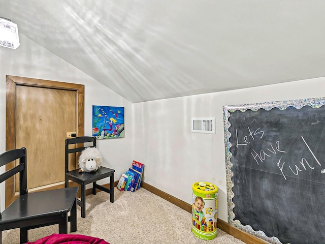 game room with lofted ceiling, carpet, visible vents, and baseboards