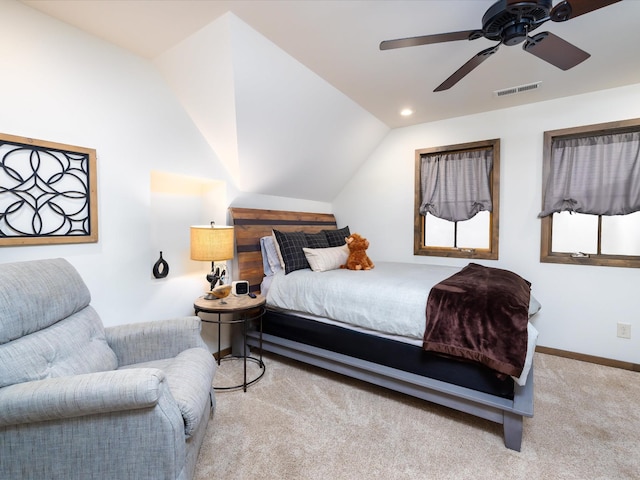 carpeted bedroom with baseboards, visible vents, ceiling fan, vaulted ceiling, and recessed lighting