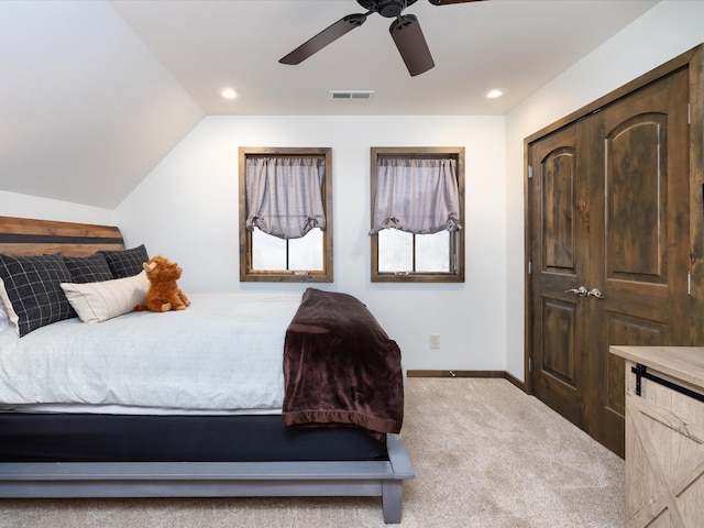 bedroom featuring vaulted ceiling, recessed lighting, carpet, and baseboards