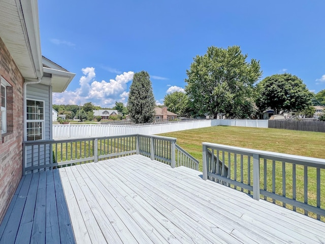 wooden terrace featuring a fenced backyard and a yard