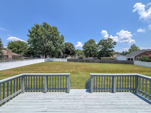 wooden terrace with a lawn and fence