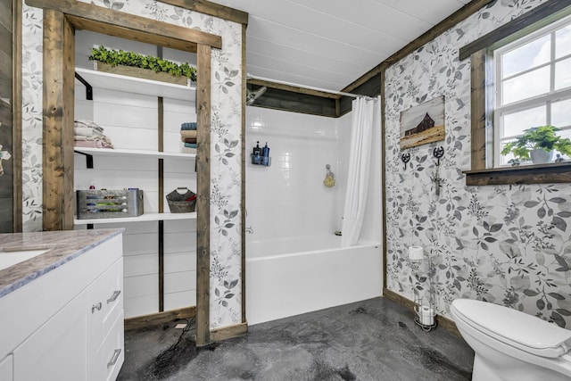 bathroom with wallpapered walls, toilet, shower / tub combo with curtain, vanity, and concrete floors