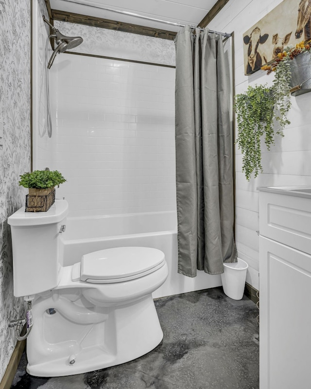 bathroom with shower / bathtub combination with curtain and toilet