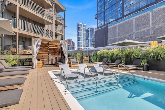 view of pool with a view of city