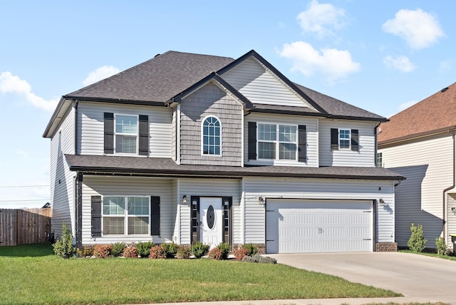 view of front of home with a shingled roof, concrete driveway, fence, a garage, and a front lawn