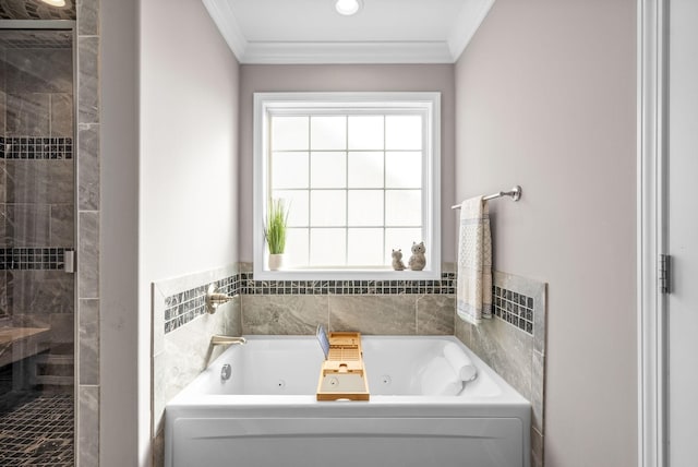 full bath featuring ornamental molding, a stall shower, and a jetted tub