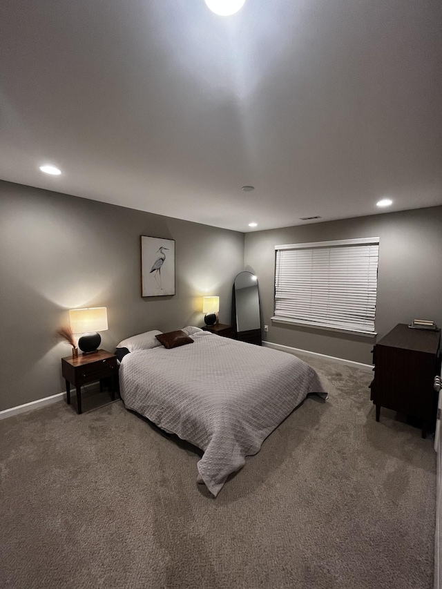 carpeted bedroom with recessed lighting and baseboards