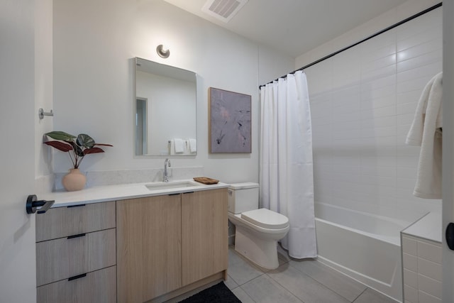 full bath featuring visible vents, toilet, shower / tub combo with curtain, tile patterned flooring, and vanity