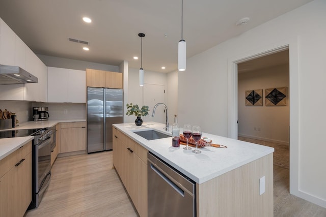 kitchen featuring light brown cabinetry, appliances with stainless steel finishes, a sink, modern cabinets, and under cabinet range hood