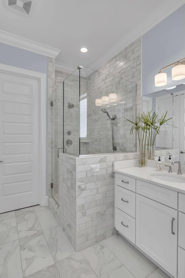 bathroom with marble finish floor, a shower stall, visible vents, and ornamental molding