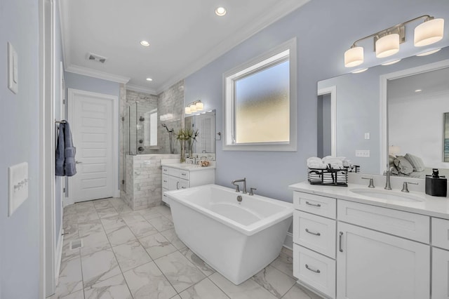 bathroom with ornamental molding, a stall shower, marble finish floor, and visible vents