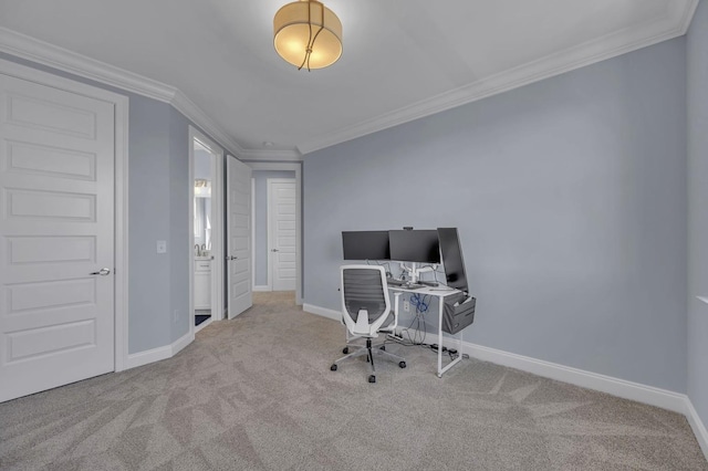 office with baseboards, carpet, and crown molding