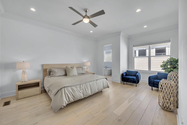 bedroom with recessed lighting, visible vents, baseboards, ornamental molding, and light wood-type flooring