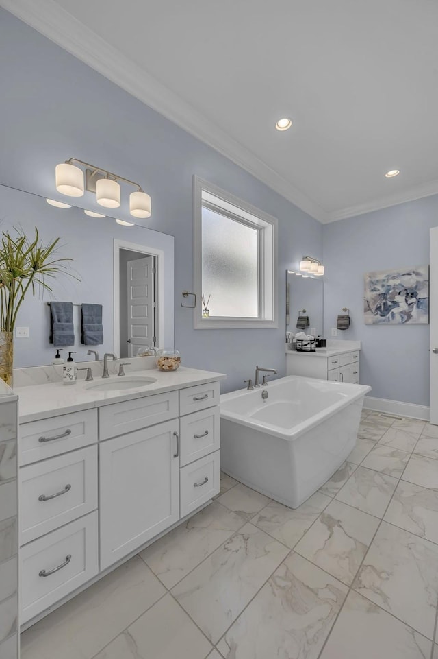 full bathroom with marble finish floor, crown molding, and vanity