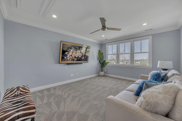 carpeted living area featuring baseboards, visible vents, ceiling fan, ornamental molding, and recessed lighting