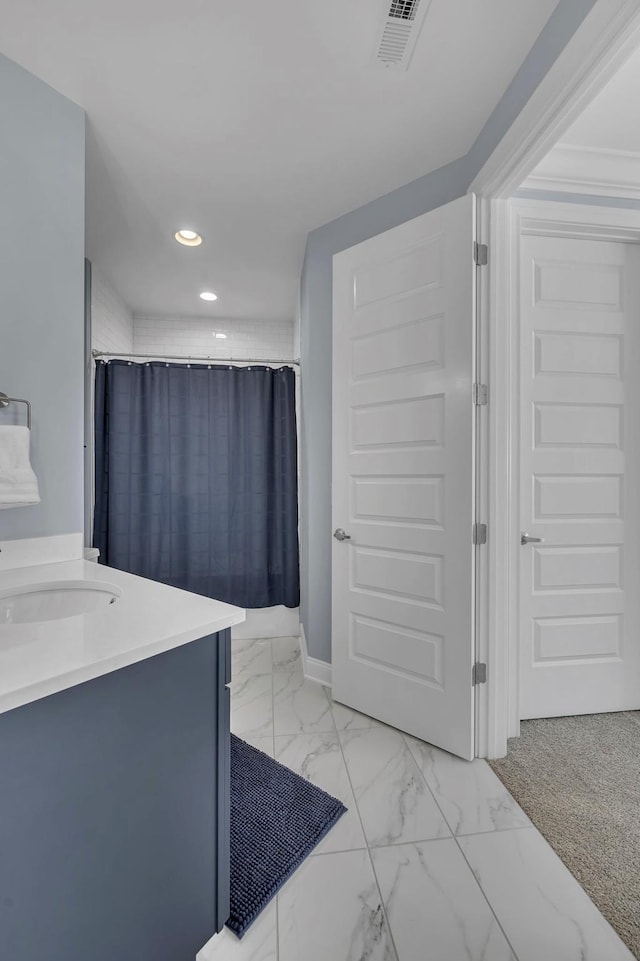 bathroom with visible vents, marble finish floor, curtained shower, vanity, and recessed lighting