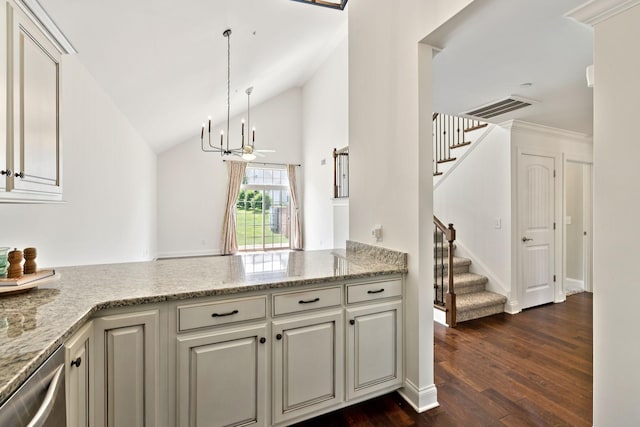 1012 Irish Way, Spring Hill, TN 37174 - kitchen featuring dark wood-style flooring, dishwasher, lofted ceiling, a peninsula, and pendant lighting