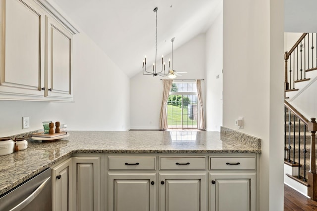 1012 Irish Way, Spring Hill, TN 37174 - kitchen with dishwasher, vaulted ceiling, a peninsula, decorative light fixtures, and dark wood-style floors