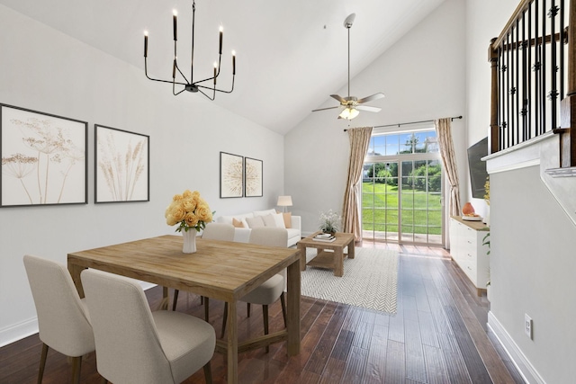 1012 Irish Way, Spring Hill, TN 37174 - dining area featuring high vaulted ceiling, a chandelier, dark wood-style flooring, baseboards, and a ceiling fan
