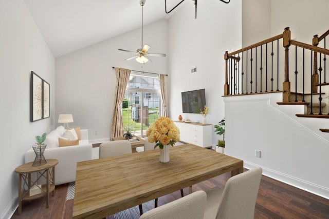 1012 Irish Way, Spring Hill, TN 37174 - dining area with wood finished floors, stairs, high vaulted ceiling, ceiling fan, and baseboards