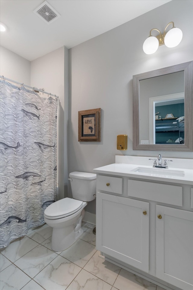 full bathroom with curtained shower, toilet, vanity, visible vents, and marble finish floor