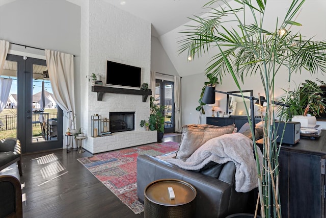 living area featuring high vaulted ceiling, a fireplace, wood finished floors, and a healthy amount of sunlight