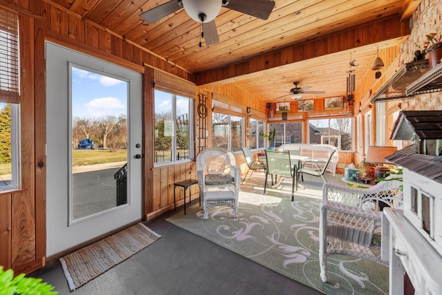 sunroom featuring wood ceiling and ceiling fan