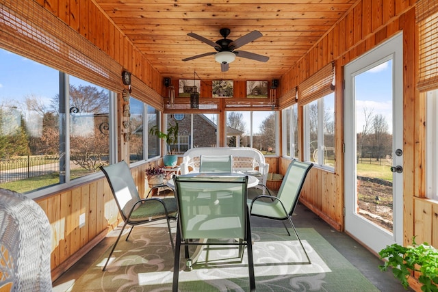 sunroom / solarium featuring a ceiling fan and wood ceiling