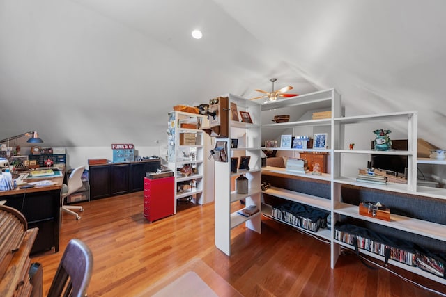 office space with lofted ceiling, ceiling fan, recessed lighting, and wood finished floors