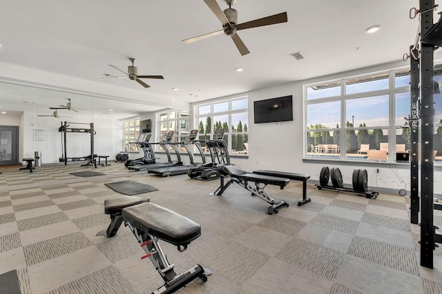 workout area with visible vents, carpet flooring, and recessed lighting