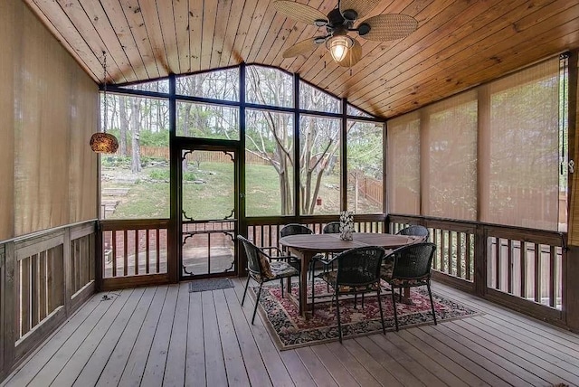 sunroom / solarium featuring a ceiling fan, lofted ceiling, and wooden ceiling