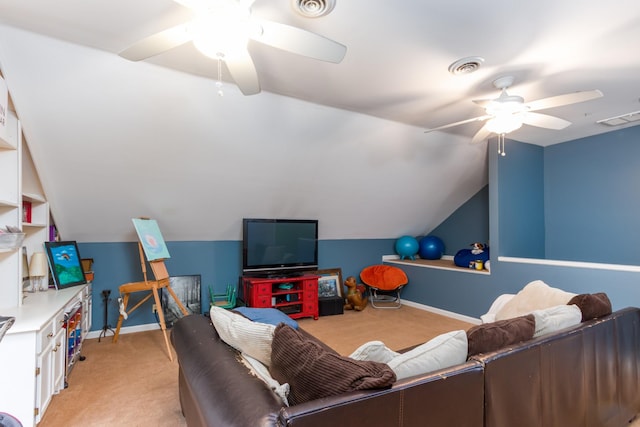 living area featuring light carpet, visible vents, and baseboards