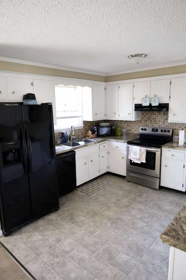 kitchen with backsplash, white cabinets, a sink, under cabinet range hood, and black appliances