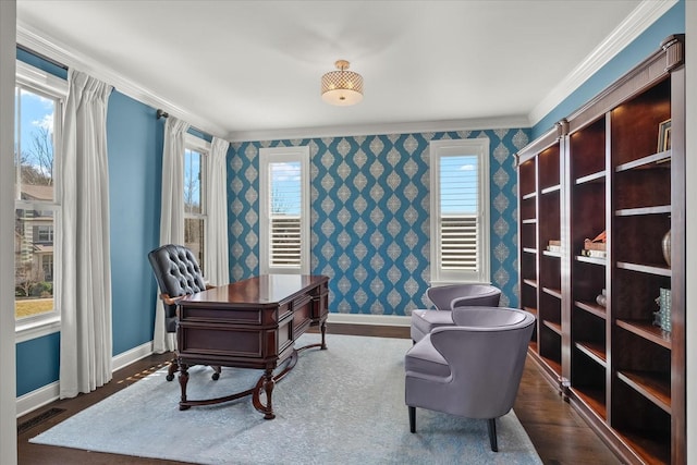 office featuring baseboards, wood finished floors, and wallpapered walls