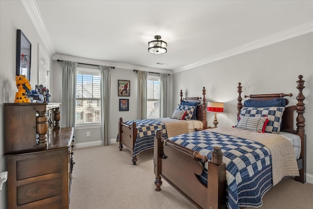 bedroom featuring ornamental molding, light carpet, and baseboards