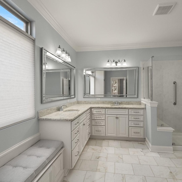 full bathroom with crown molding, visible vents, walk in shower, and a sink