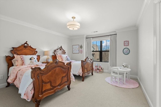 bedroom with carpet flooring, crown molding, visible vents, and baseboards