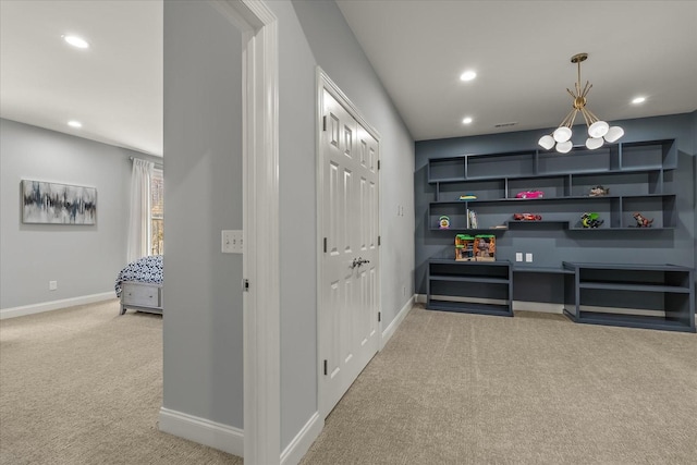 interior space with baseboards, carpet flooring, and recessed lighting