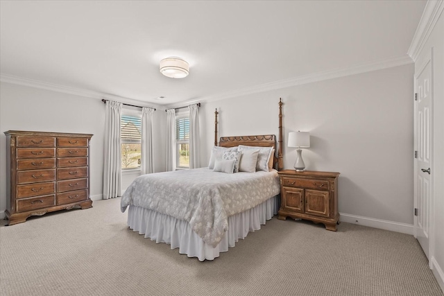 bedroom featuring baseboards, ornamental molding, and light colored carpet