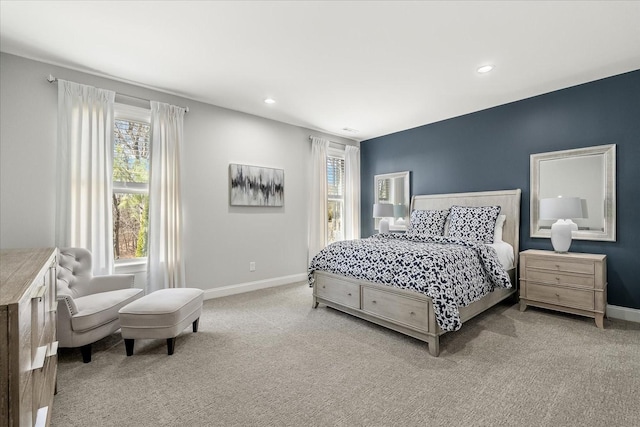 bedroom with carpet floors, recessed lighting, and baseboards