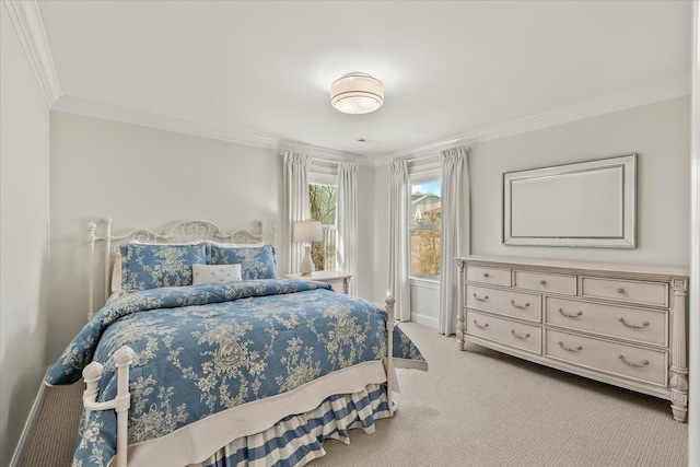 bedroom featuring ornamental molding, carpet floors, and baseboards