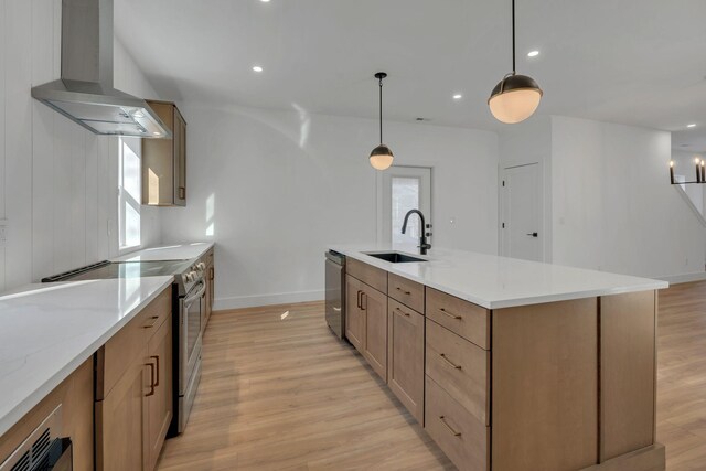 kitchen with light wood finished floors, hanging light fixtures, appliances with stainless steel finishes, a sink, and wall chimney range hood