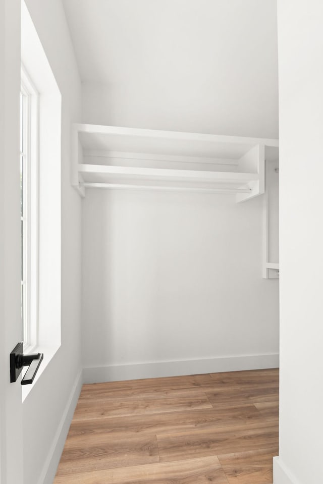 walk in closet with light wood finished floors