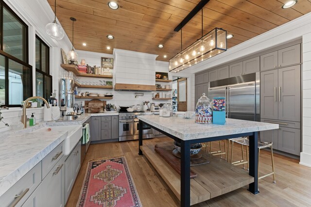 kitchen with open shelves, gray cabinets, custom range hood, wood ceiling, and high quality appliances