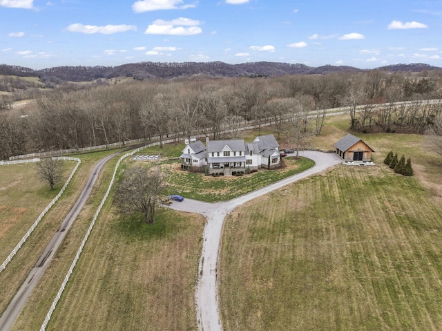 bird's eye view featuring a rural view and a view of trees