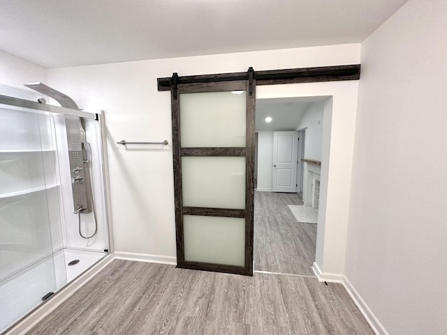 bathroom featuring a shower stall, a fireplace, baseboards, and wood finished floors