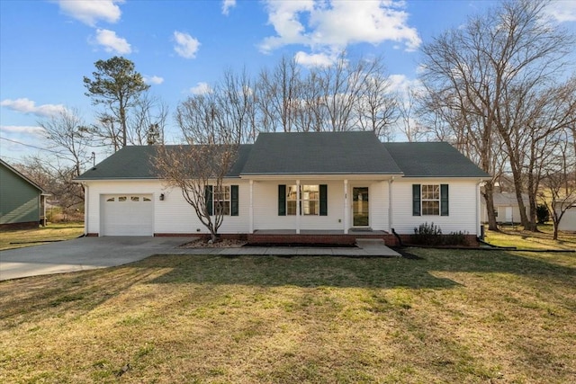 single story home featuring a garage, driveway, a front lawn, and covered porch