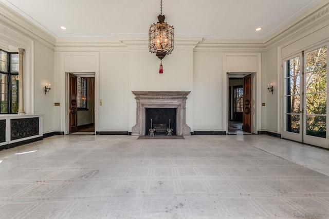 unfurnished living room with a fireplace with flush hearth, recessed lighting, crown molding, and baseboards