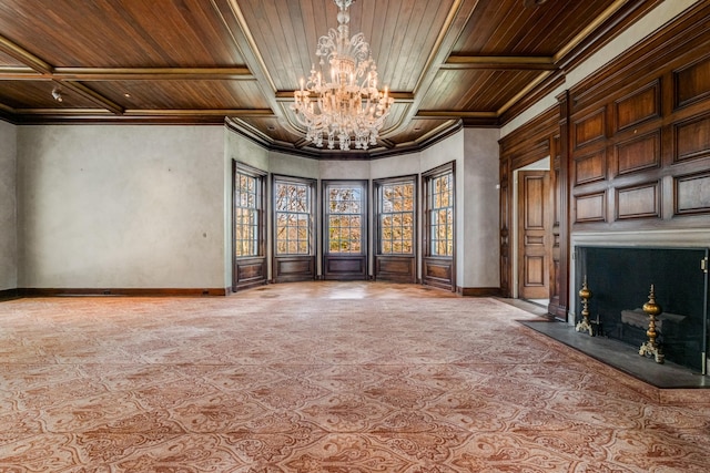 unfurnished living room with ornamental molding, wooden ceiling, and baseboards