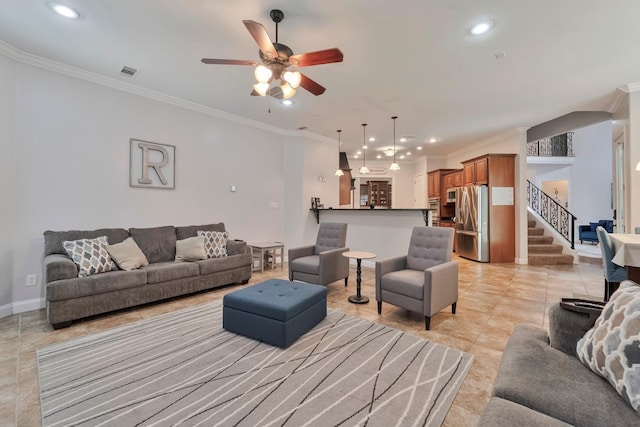 living room with ceiling fan, recessed lighting, visible vents, ornamental molding, and stairway